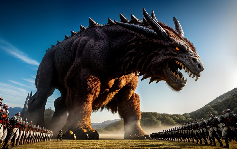 an epic legendary beast towering over a large army