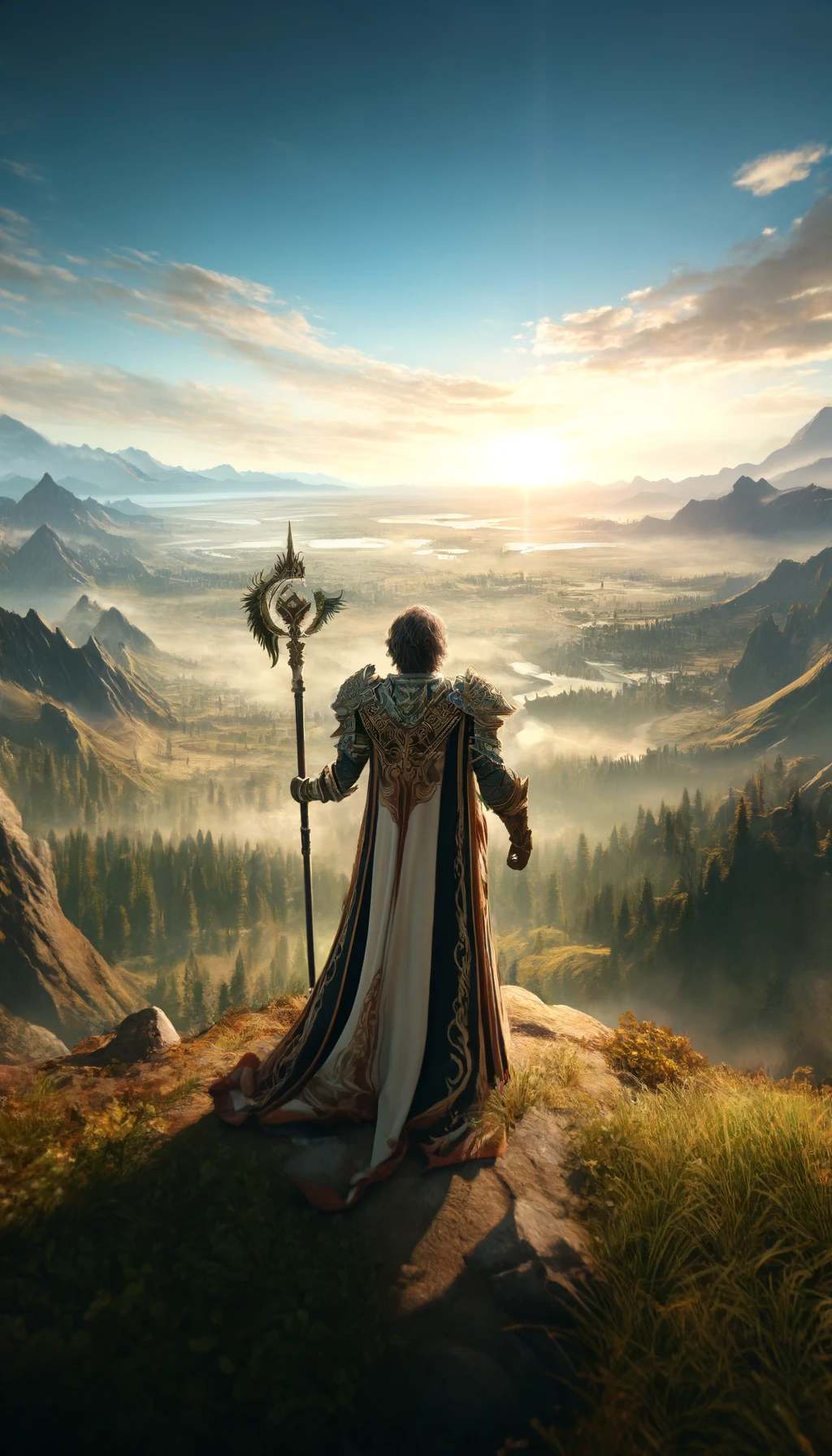 A character on a hill looking out over a fantasy world A character on a hill looking out over a fantasy world