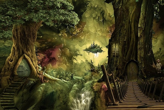 An example fantasy world - trees with doors meant to show that they are homes to some woodland creatures