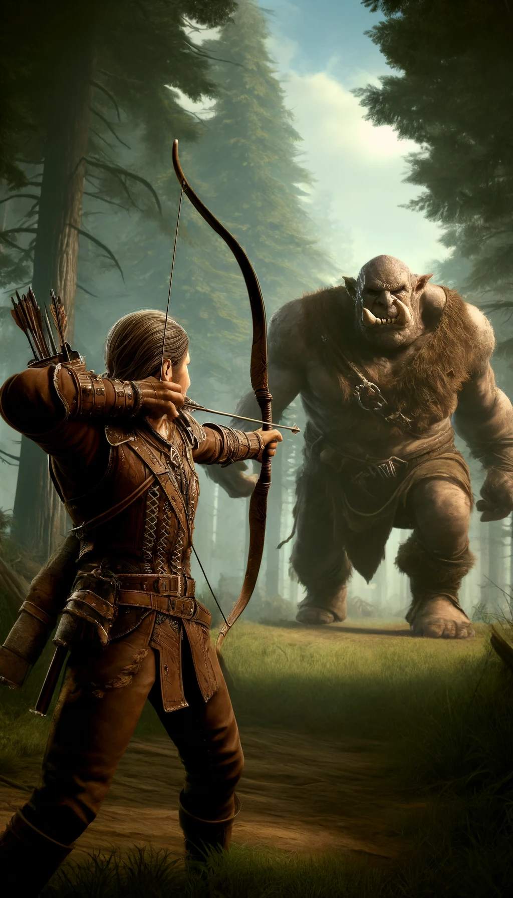 An archer shooting at a giant ogre showcasing character class types