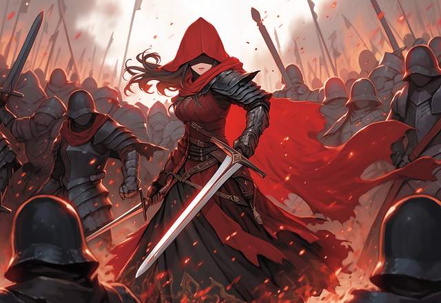 Showing gameplay mechanics - a woman in red hood fighting an army