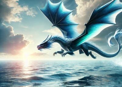 A blue dragon flying over the ocean