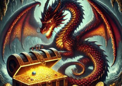 A dragon protecting a treasure chest, looking angry