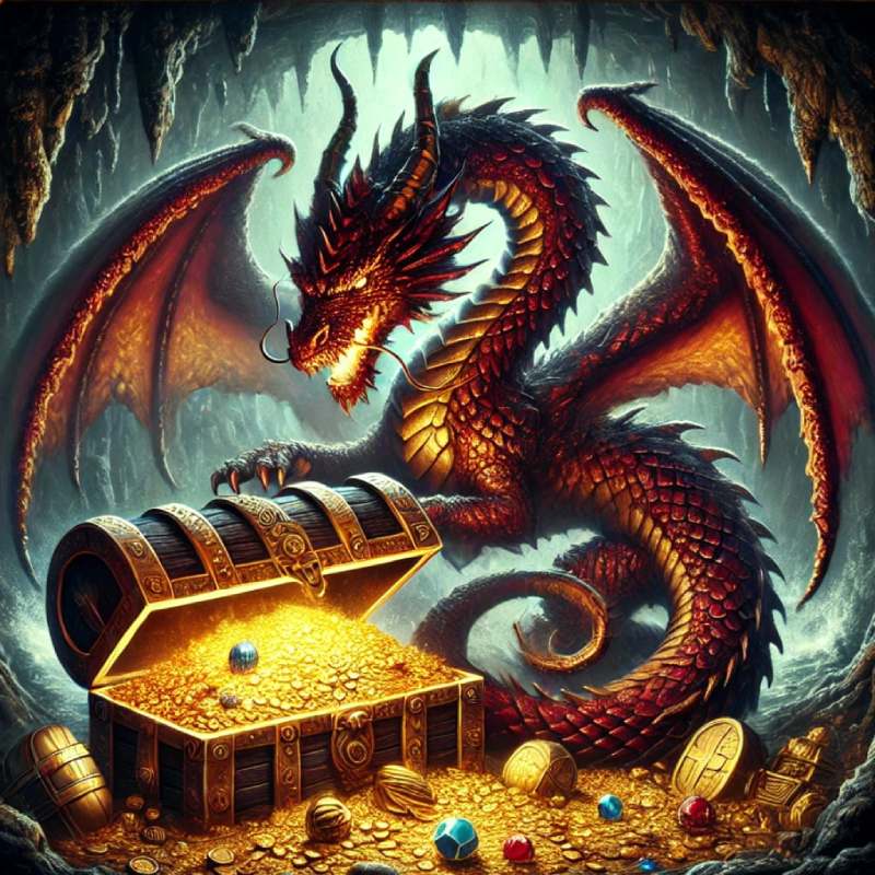 A dragon protecting a treasure chest, looking angry