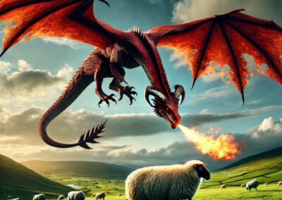 A dragon swooping down from the sky to attack a sheep