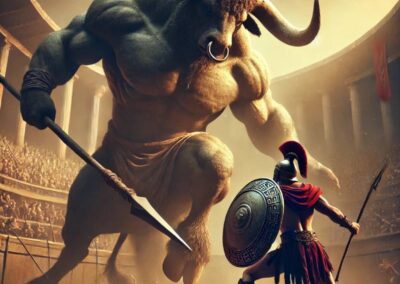 A giant minotaur fighting a greek warrior in the coliseum