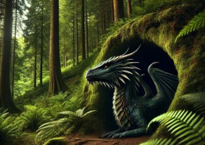 A green dragon hiding in a moss-covered cave in the forest