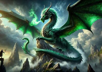 A majestic giant green dragon on a mountain peak breathing out green flames