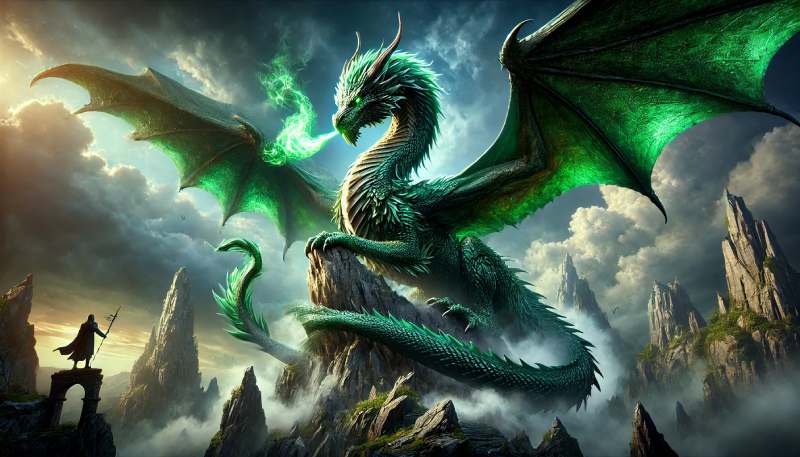 A majestic giant green dragon on a mountain peak breathing out green flames