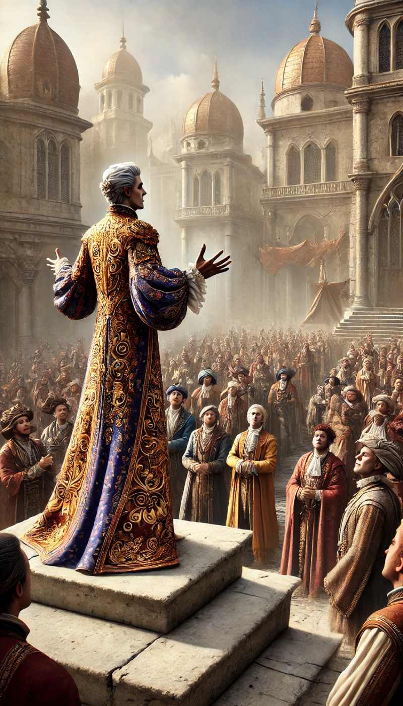 A regally robed preacher talking to a group of people in a town square A regally robed preacher talking to a group of people in a town square