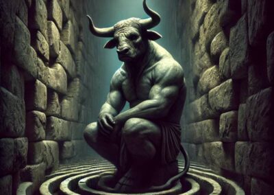 A sympathetic image of the minotaur trapped inside his labyrinth prison