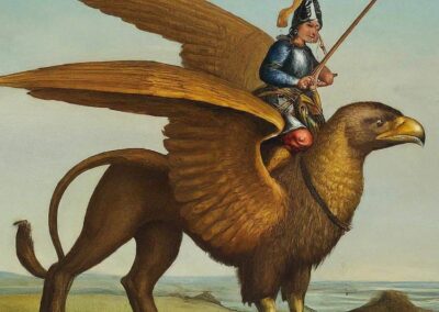 A warrior mounted on a griffin