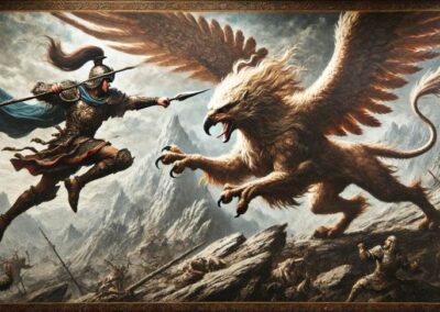 An epic battle scene featuring a warrior fighting a griffin