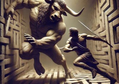 The minotaur fighting Theseus in the labyrinth