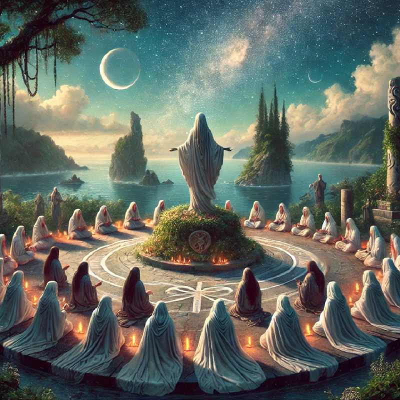 The scene captures followers in peaceful robes on a sacred island, engaged in star gazing