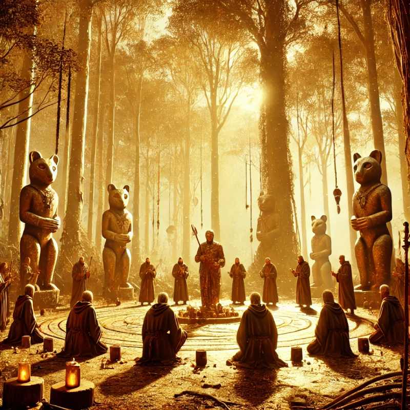 a holy golden forest, people engaging in sacred animal totem rituals