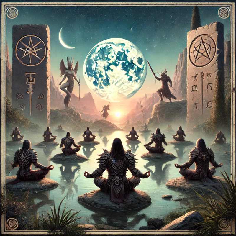 followers in warrior-like attire, practicing meditation at sunrise by a sacred moonlit spring