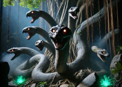 A camouflaged hydra uncoiling from a tree to attack