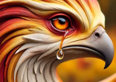 A close up of a phoenix face as it cries a healing tear