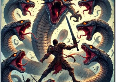 A herculean type warrior facing off against the many heads of hydra