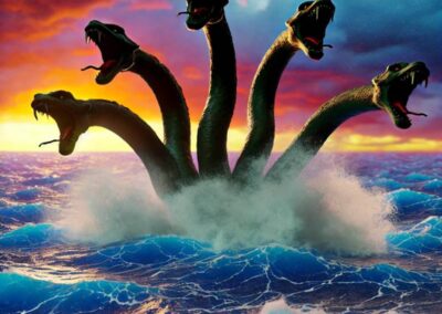 A hydra beast emerging from the sea in an attack pose