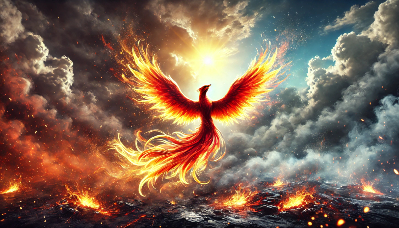 A majestic phoenix flying through the sky