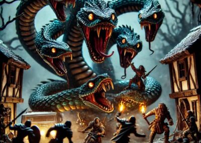 A many headed hydra attacking warriors and people in a village