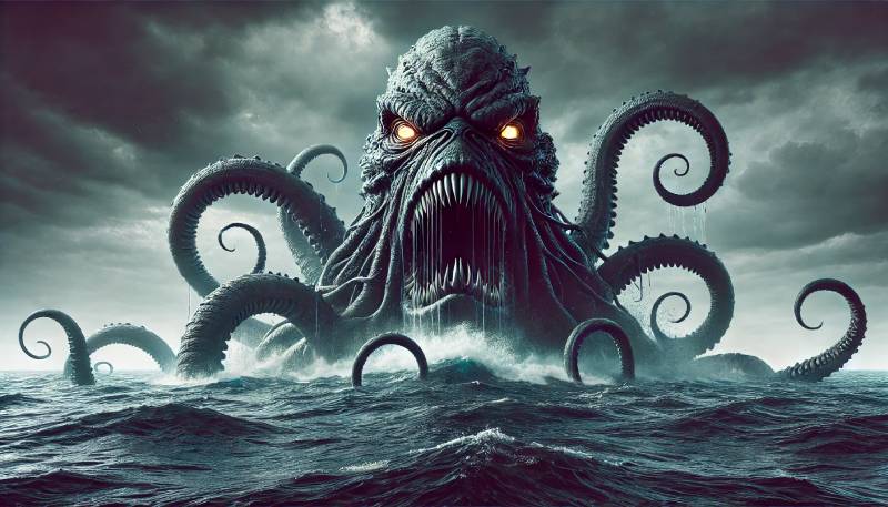 A menacing kraken rising up from out of the ocean