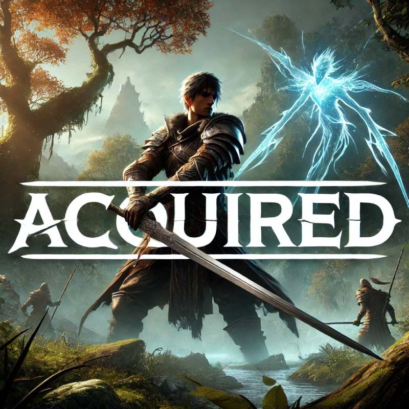 A photo of a fantasy rpg warrior with the word _Acquired_ across the middle