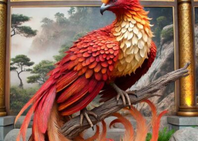 A realistic phoenix perched on a branch