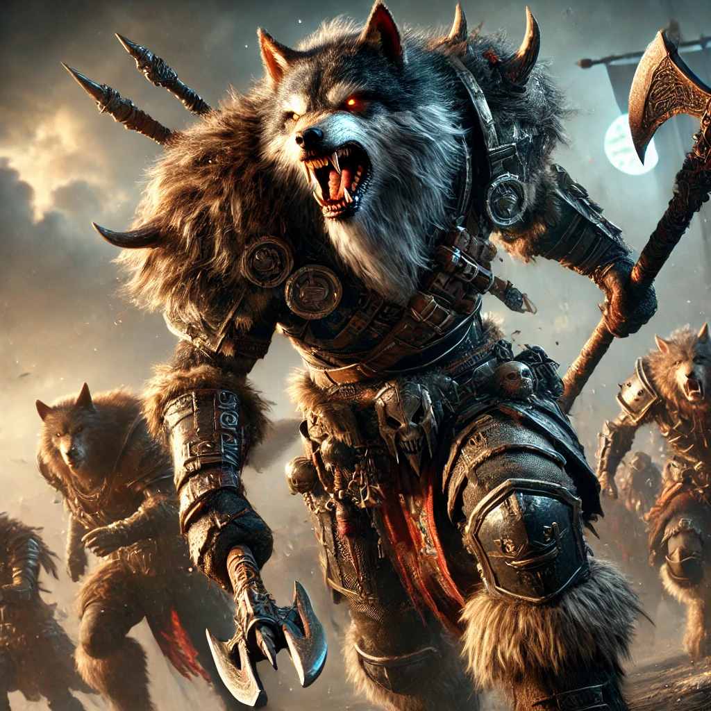 A wolf humanoid leading a clan in battle