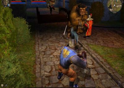 Guards fighting the loose ogre troll as thieves also attack