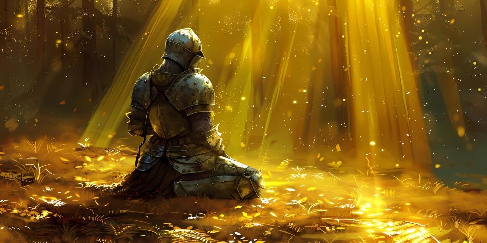 A warrior in armor kneeling in a lit meadow