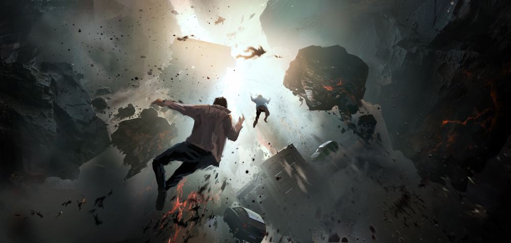 World collapsing and people falling