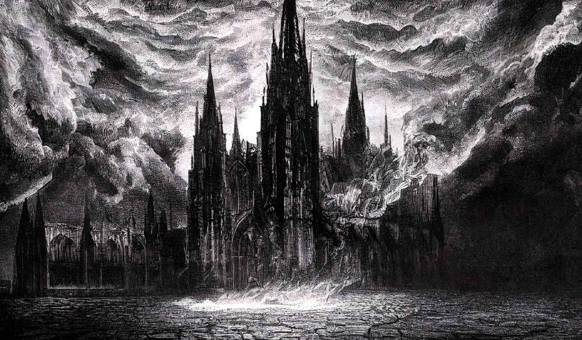 Drawing sketch of a dark kingdom representing Umbra's Veil