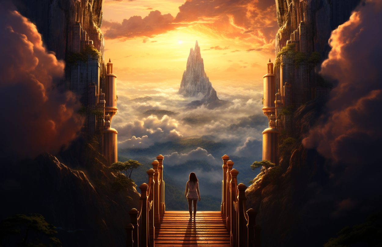 Woman standing on a bridge looking at a mountain in the distance symbolizing a progression fantasy journey Woman standing on a bridge looking at a mountain in the distance symbolizing a progression fantasy journey