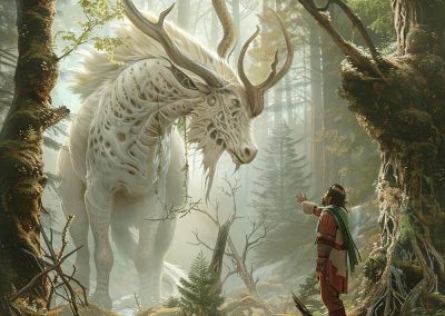 Fantasy beastmaster commanding mystical forest creature with antlers