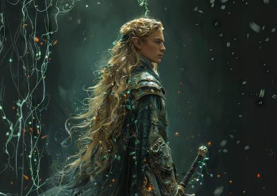 Male elf warrior with flowing hair and ornate armor in forest