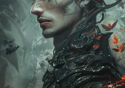 Dark male necromancer with twisted armor and glowing red leaves