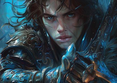 Fantasy warrior in ornate armor wielding detailed sword underwater